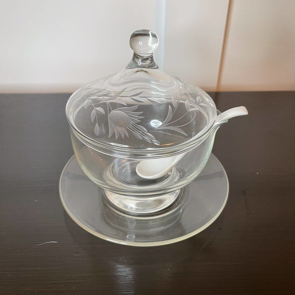 Vintage 3 Piece Etched Clear Glass Condiment Jelly/Condiment Bowl w/Spoon